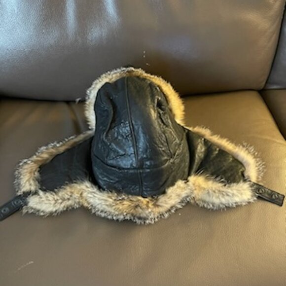 Barneys New York 100% Real Fox Fur Black Leather Trapper Winter Hat main image 5